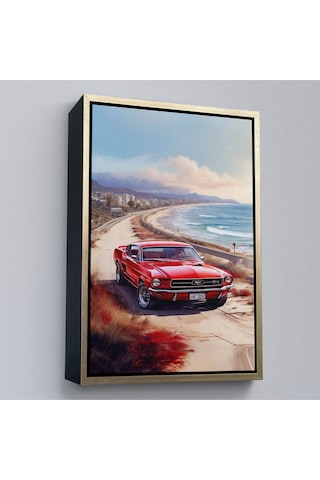Ahşap Çerçeveli Sahil Kebuyologknvındaki Kırmızı Mustang Tablo-7770