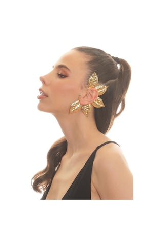 Kadın Altın Renk Lak Kaplama Zirkon Taşlı Dokulu Yaprak Stilizesi Sol Kulak Earcuff&kıkırdak Küpe Çok Renkli