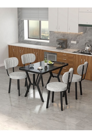 Azra 70x110cm Bendir Mutfak Masası, Mutfak Masası Takımı, Yemek Masası, 4 Açık Gri Sandalye Açık Gri