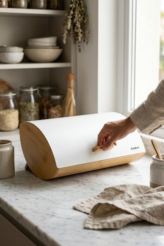 Cooker Novella Metal Kapaklı Bambu Ekmek Kutusu Ckr4543 Beyaz