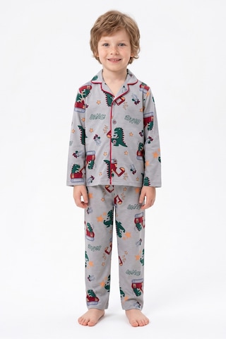 Fullamoda Trex Desenli Düğmeli Erkek Çocuk 2 Li Pijama Takımı Gri