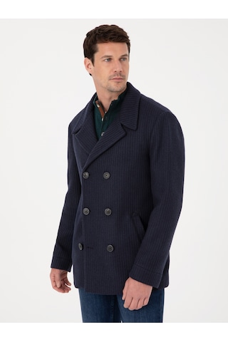Cacharel Lacivert Slim Fit Yün Karışımlı Kruvaze Kaşe Kaban
