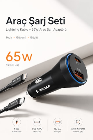 Kensa 65w Çift Portlu Hızlı Araç Şarj Aleti + Type-c To Lightning Şarj Kablosu Seti 65w Araç Şarj