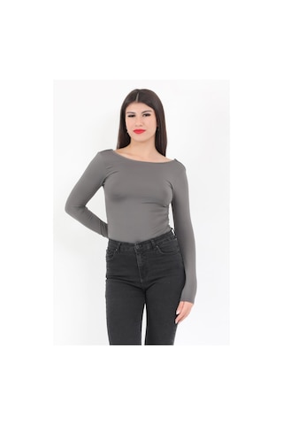 Giysa Kadın Füme Sırt Dekolteli Uzun Kollu Çıtçıtlı Esnek Zıbın Body - 2440 Füme