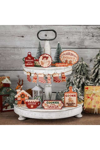 Hyt Noel Tiered Tray Noel Katmanlı Palet Ahşap Süslemeler Noel Hediyesi Kar Tanesi Dekor