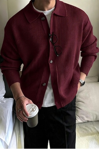 Serablanka Erkek Polo Yaka Oversize Triko Hırka Bordo