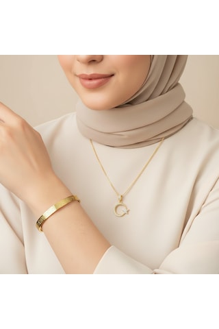 Türk Bayraklı Kolye Ve Ayetel Kürsi Bileklik Seti Gold Çelik Takı Altın