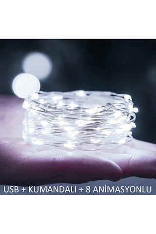 Ev Balkon Ve Parti İçin 10 Metre Beyaz Kumandalı Usb Peri Led 8 Modlu Animasyonlu Yılbaşı Süsü Işık