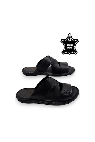 Tamamen Hakiki Deri Ve Topuk Yastıklı Sistemli Ortopedik Erkek Terlik Siyah Çırtlı Siyah