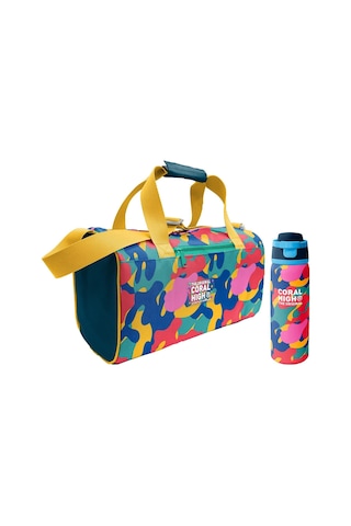 Coral High Renkli Kamuflaj Desenli Unisex Spor Çantası Ve 800 Ml Çelik Matara Seti 27549 Sarı - Yeşil