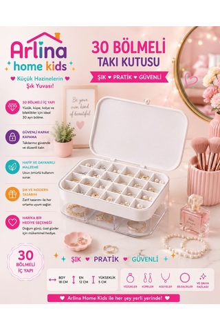 30 Bölmeli Beyaztakı Kutusu Düzenleyici Seyahat Çantası Kolye Yüzük Küpe Organizer 18cmx12,5cm Beyaz