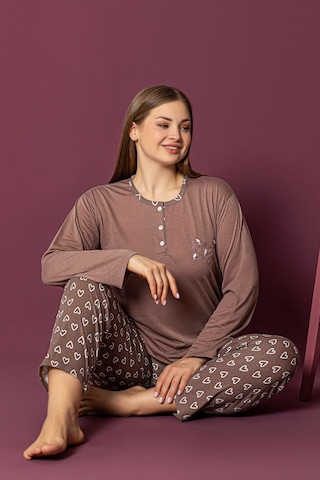 Nisanca Uzun Kollu %100 Pamuk Büyük Beden Anne Pijama Takımı- Anne Özel Serisi Kahve