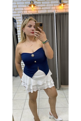 Tuba Toptaş Ottoman Straplez Bluz Lacivert