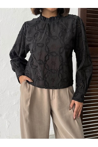 Verymoda İşlemeli Uzun Kollu Kadın Bluz - Şık Ve Modern- F1993 Siyah