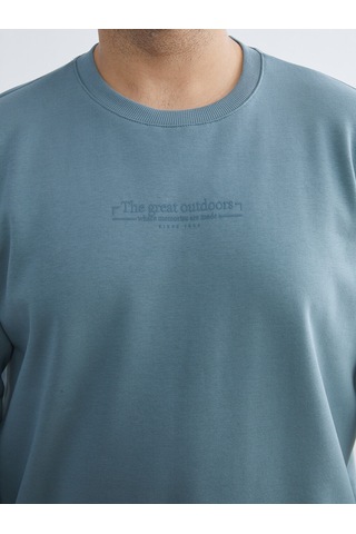 Lcwaıkıkı Classic İndigo Büyük Beden Bisiklet Yaka Baskılı Kalın Erkek Sweatshirt