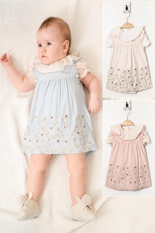 Kız Bebek Pudra Çiçek İşlemeli Elbise Fırfıtlı Yaka Gömlekli Takım-1352 Pembe