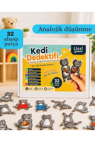 Kedi Dedektifi Ahşap Hafıza Eşleştirme Dikkat Zeka Oyunu 32 Parça