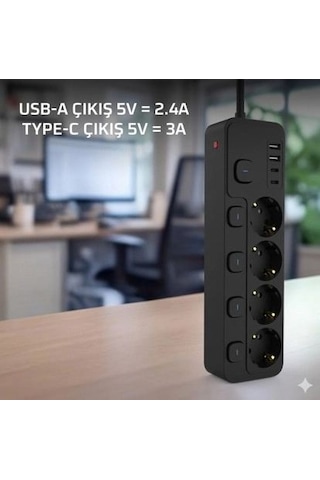 Akım Korumalı 4 Lü Priz 2xusb 2xtype-c Çıkış Yüksek Gerilim Koruma Priz Çoğaltıcı 0 - 2 M
