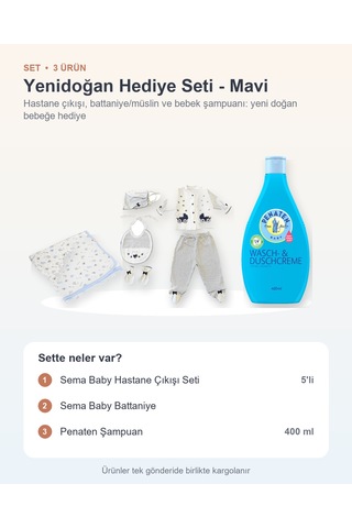 Yenidoğan Hediye Seti 3 Parça: Sema Baby Hastane Çıkışı Seti + Sema Baby Battaniye + Şampuan - Mavi
