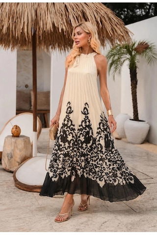 Asprinfashion Halter Yaka Pliseli Baskılı Şifon Elbise Beyaz