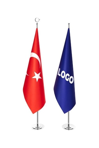 Türk Makam Bayrağı Ve Logolu Makam Bayrağı + Krom Direk Tek Ebat