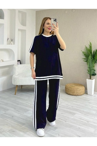 Kadın Kısa Kollu Bisiklet Yaka Çift Renk Şerit Detaylı Viskon Iki Iplik Bluz Ve Pantolon Ikili Takım Lacivert