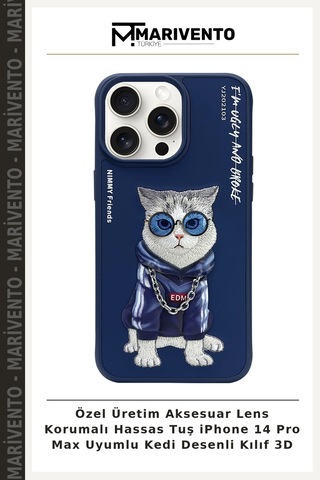 Özel Üretim Aksesuar Lens Korumalı Hassas Tuş İphone 14 Pro Max Uyumlu Kedi Desenli Kılıf 3d