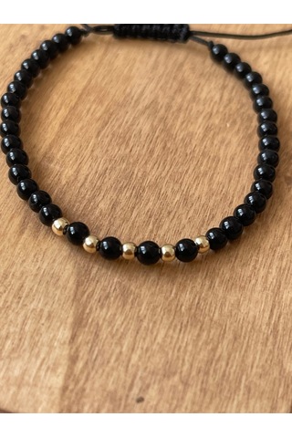 14 Ayar Altın Top Altın Detaylı Onix Taşlı Altın Bileklik Altın