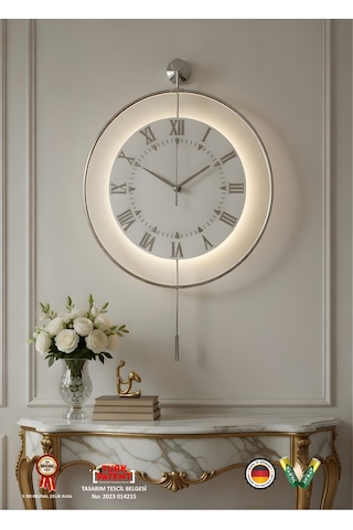 Gümüş - Royal Kadran Exclusive - Pilli Led - 3 Pil İle Gelir - Metal Duvar Saati