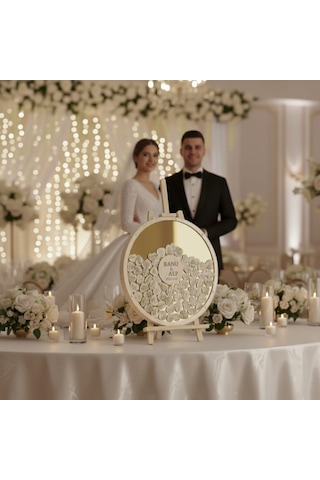 Evlilik Sepetim Düğün-nişan Gold Aynalı Pleksi 50 Cm Yuvarlak Misafir-hatıra Anı Defteri-kutusu + Şövale Ve Kalem Hediyeli