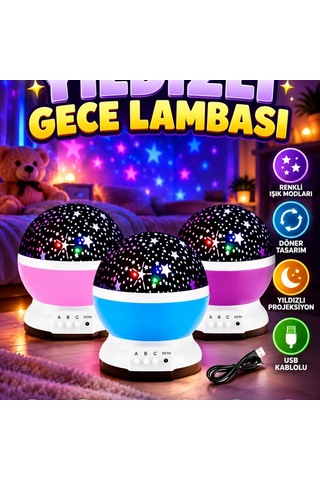 Yıldızlı Gökyüzü Projeksiyon Gece Lambası Mavi Ve Mor Işıklı Döner Tasarım Renkli