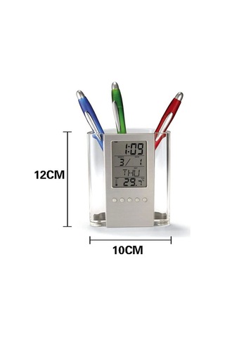 Springsun Ofis Ve Ev İçin Transparan Abs Mutfak Kalem Kutusu - Saat, Takvim, Zamanlayıcı, Termometre Ve Lcd Ekranlı Otomatik Çekmeceli Organizer Gri