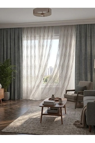Nivemeshome Bade 7150 Bambu Gri 1/3 Pileli Tül Perde Apm Ekru - Gri