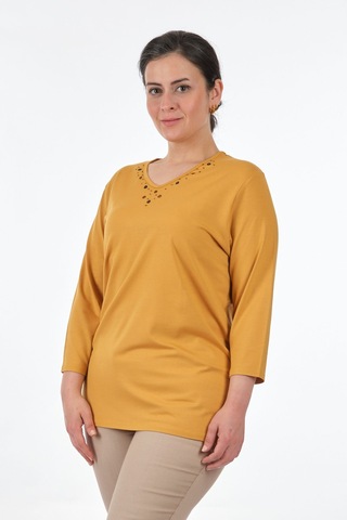 Desen Oversize V Yaka 3/4 Kol Kadın Bluz - Minimalist Tarz Bal
