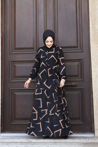Hira Life Fashion Kadın Tesettür Mevsimlik Beli Kuşaklı Dokuma Viskon Elbise Siyah-vizon Siyah-vizon