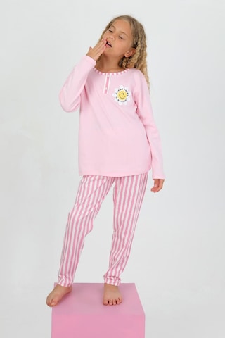 Kız Çocuk Uzun Kollu %100 Pamuklu Düğme Detaylı Pijama Takımı Alright Pembe