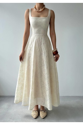 Nils Butik Krem Dantel Dokulu Salaş Maxi Elbise-nişan-nikah-mezuniyet-özel Davet Açık Bej