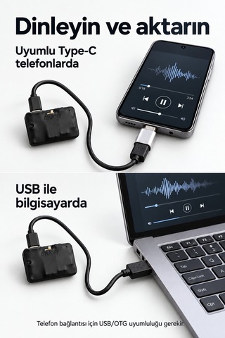 32 Gb Mini Ses Kayıt Cihazı 4 Güne Kadar Kesintisiz Kayıt, Sese Duyarlı, Kulaklık Ve Type-c Otg
