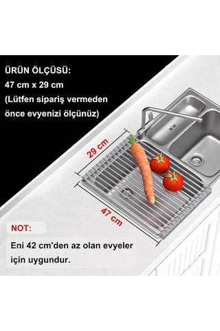 Katlanabilir Evye Üstü Bulaşık Kurutmalık Süzgeç 47x29 Cm - Paslanmaz Çelik & Isıya Dayanıklı Silikon Rulo Diğer