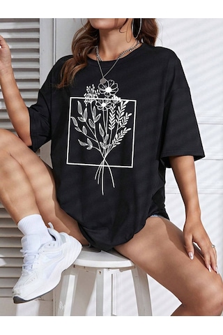 Çiçekli Desenler T-shirt - Siyah Baskılı Oversize Bisiklet Yaka Kısa Kol Tişört Siyah