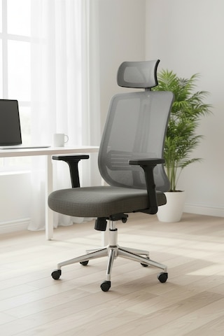Upstyle Poyraz Başlıklı Fileli Ergonomik Çalışma Koltuğu Gri Krom Koltuk 66 125 65 Cm