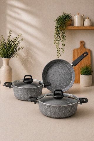 Dark Stone 5 Parca Granit Ezme Tencere Seti - Gri -20 Derin-26 Basık - 26 Tava