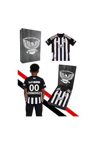 Lisanslı Adidas Beşiktaş Forma 25-26 Sezon Çubuklu Çocuk Forması Kişiye Özel Siyah-beyaz