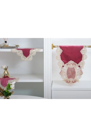 Aydan Aplikeli Güpürlü Kadife Pudra Salon Takımı 5 Parça 50x140 Cm 1453 Pudra