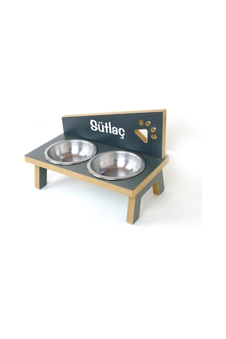 Realwood Ahşap Çelik Kaseli Özel İsim Baskılı Kedi Köpek Mama Su Kabı 450 ML