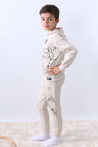 Erkek Çocuk Kapşonlu Eşofman Takımı 4 Mevsim Wolf Baskılı Ribanalı F12 Bej