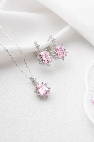 Nereze 925 Ayar Gümüş Pembe Baget Taşlı Küpe Ve Kolye Set
