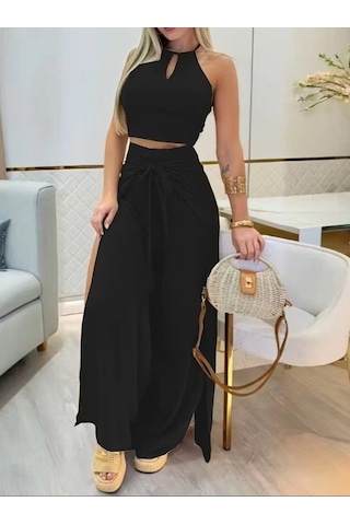 Defymoda Kadın Omuzlardan Acık Damla Detaylı Sırttan Çapraz Bağlamalı Krop Aerobin Bluz Ve Çok Parçalı Önden Siyah