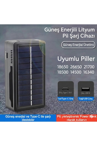 Güneş Enerjili Çoklu Pil Şarj Cihazı Ve Powerbank - 18650/26650 Uyumlu