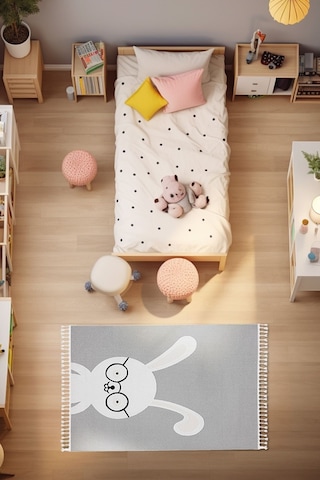 Sparkle Gri Krem Tavşan Figürlü Hayvan Figürlü Çocuk Odası Halısı Gri